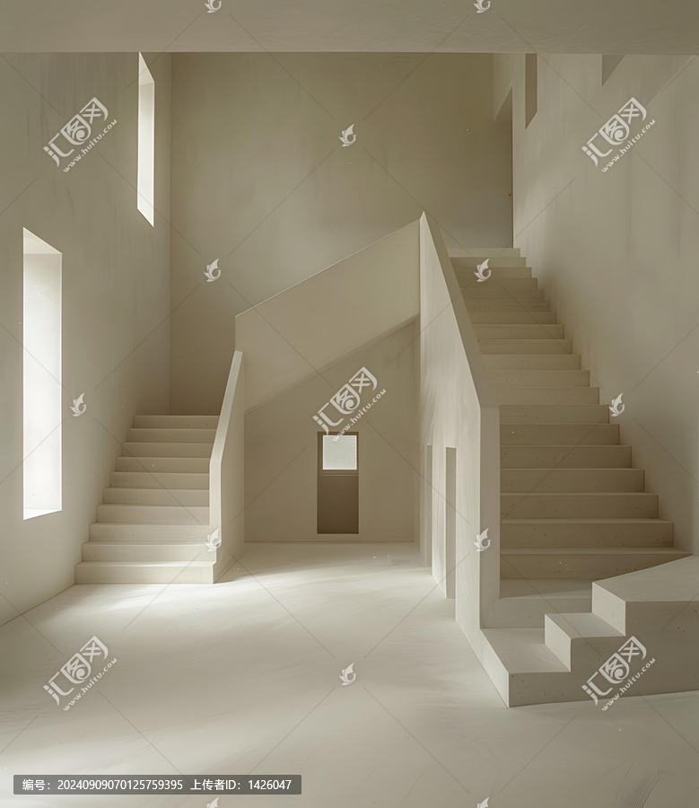極簡(jiǎn)現(xiàn)代室內(nèi)設(shè)計(jì)，白色水泥樓梯
