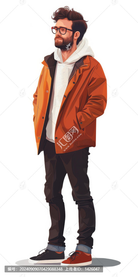 一個穿著橙色夾克和眼鏡的男人