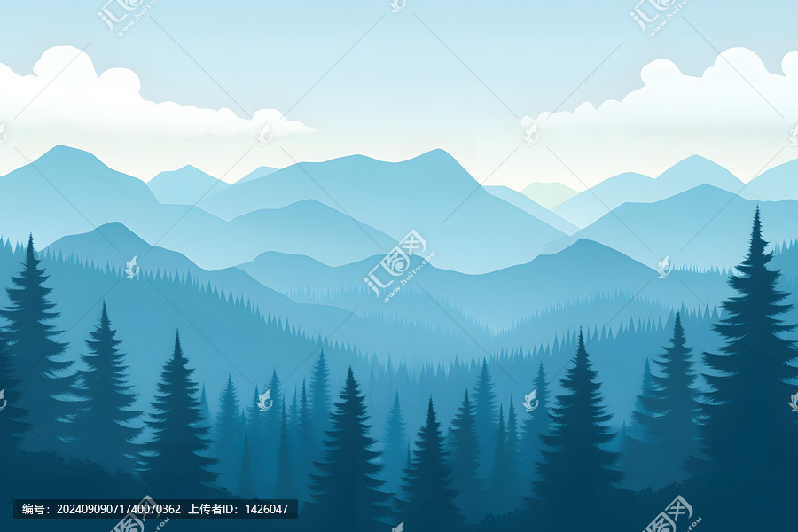 藍(lán)色的山脈景觀，松樹的剪影