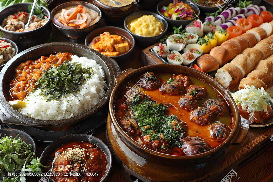 滿桌色香味俱全的美食包括咖喱、沙拉、米飯和面包