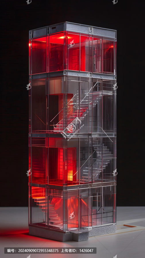 紅色燈光照明的玻璃建筑模型