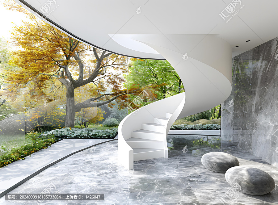 現(xiàn)代建筑室內(nèi)設(shè)計，螺旋樓梯和花園秋景