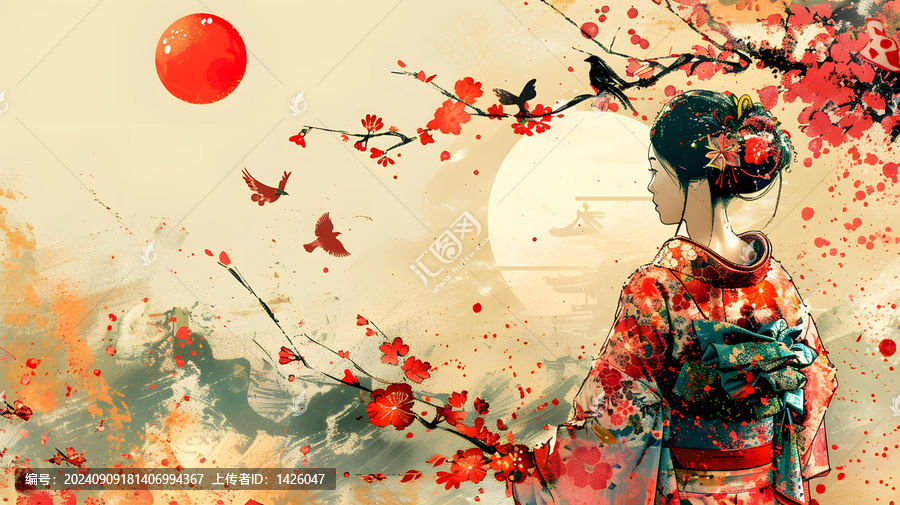 紅日櫻花和服女子