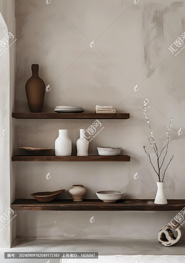 簡約風格的木質(zhì)架子上的陶瓷裝飾品