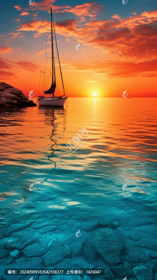 夕陽(yáng)下寧?kù)o的海面上航行的帆船