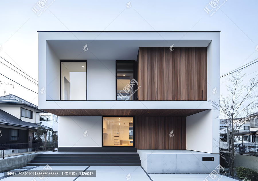白色現(xiàn)代房屋,木質(zhì)裝飾與混凝土庭院