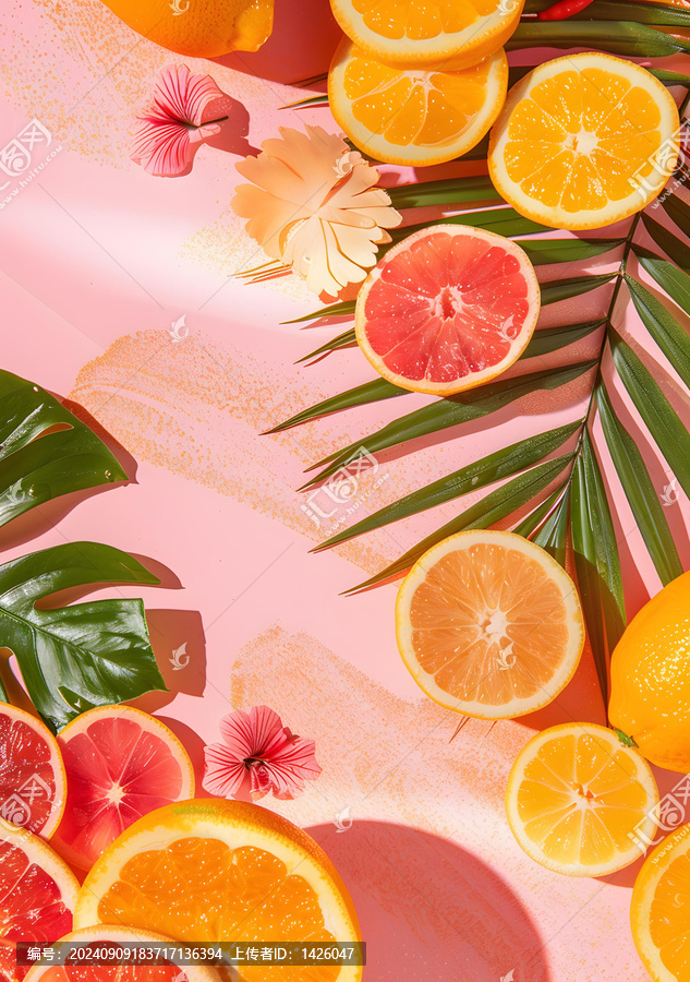 粉色背景上熱帶柑橘水果和棕櫚葉靜物