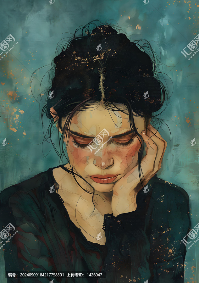 一個深思熟慮的黑發(fā)藍眼睛女人的插圖