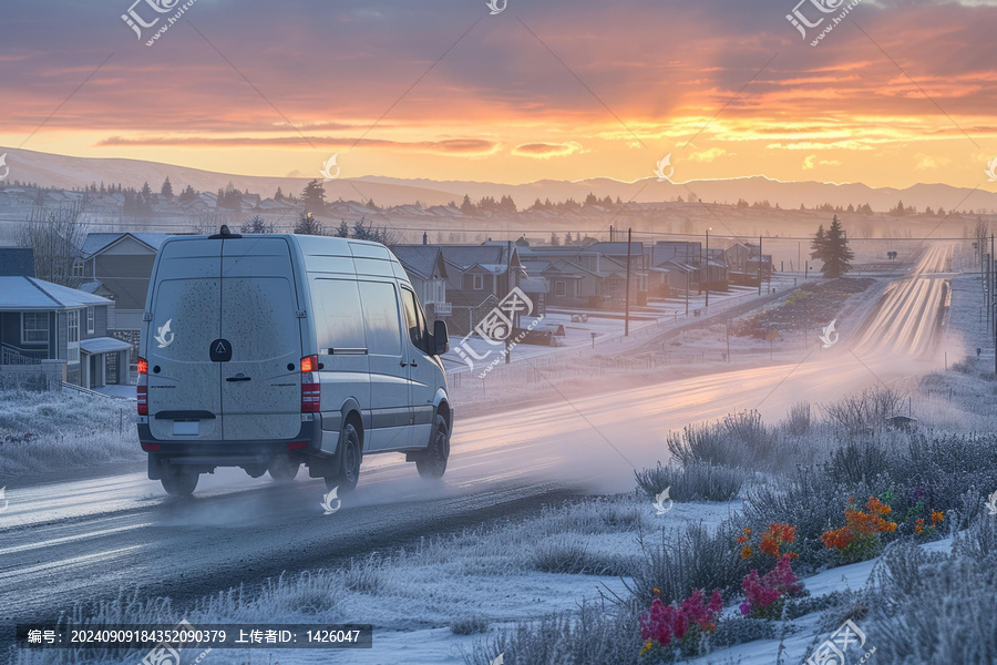 貨車在郊區(qū)積雪的街道上行駛