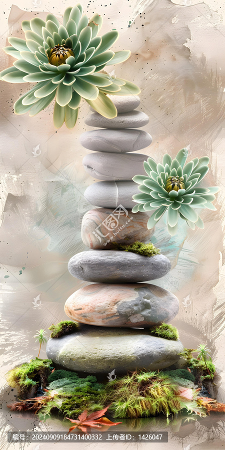 禪意花園石頭與綠色花卉