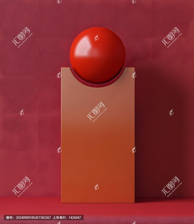 紅色球體與橙色矩形底座的抽象藝術(shù)