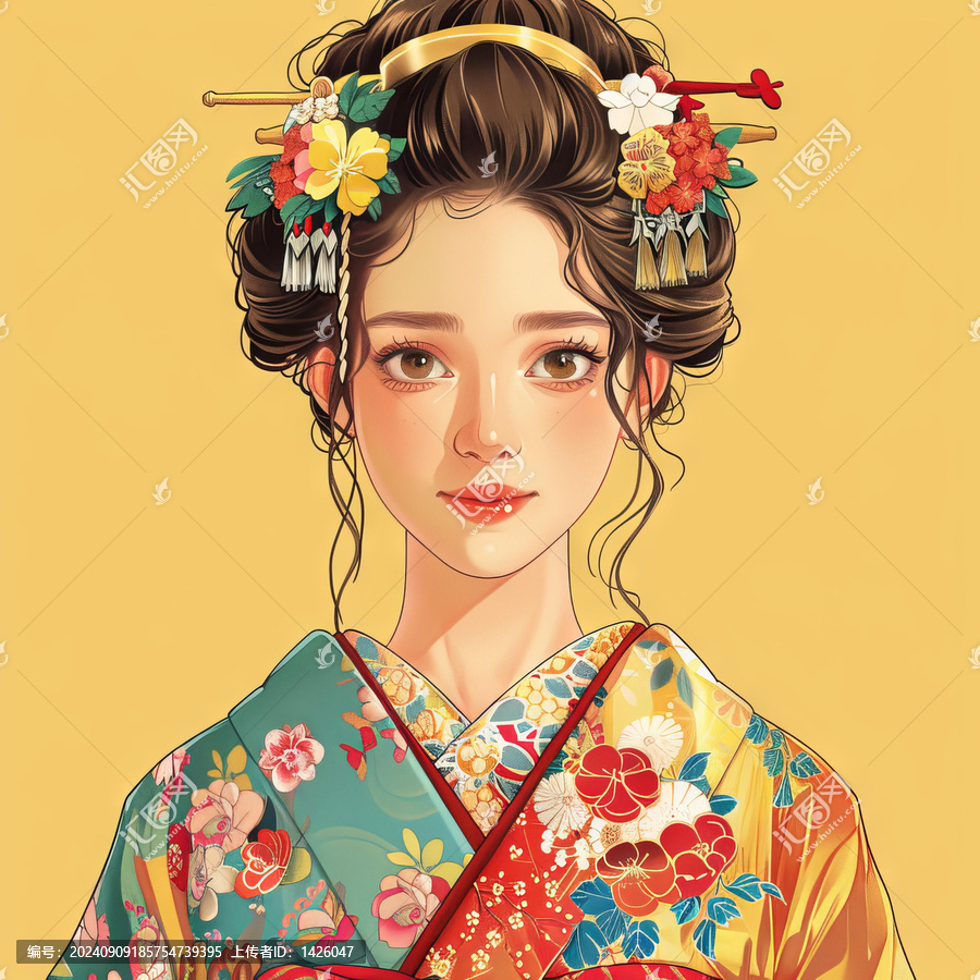 一個美麗身穿和服的日本女人，頭上戴著花朵