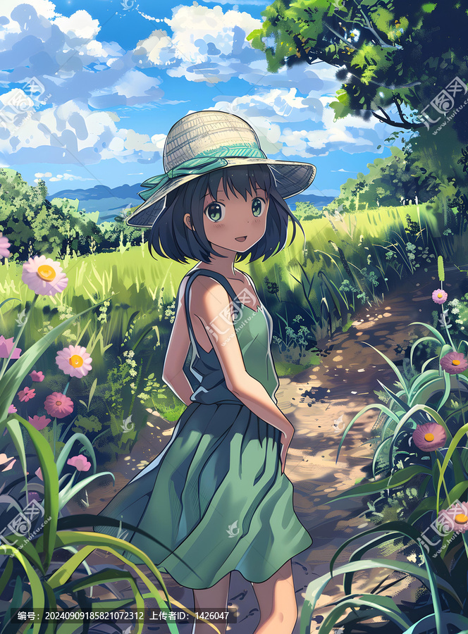穿著綠色連衣裙和帽子的動(dòng)漫女孩走在森林小路上