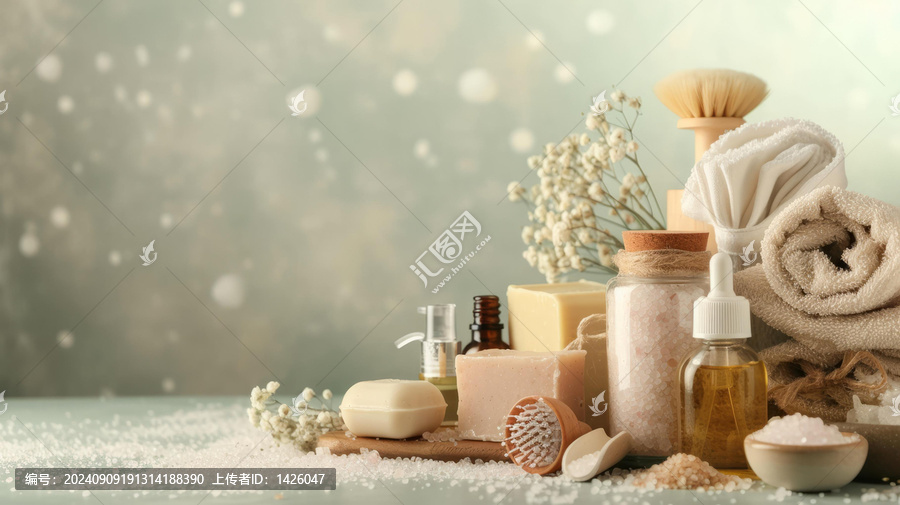 在藍(lán)色背景上使用天然成分的洗浴用品
