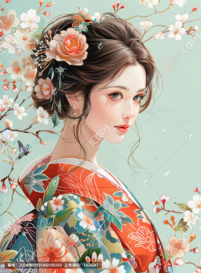 身穿和服的美麗日本女人的肖像，她的頭發(fā)上裝飾著粉紅色的白色花朵