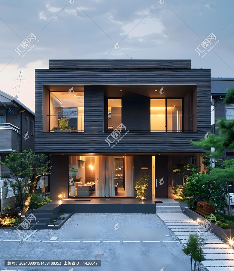現(xiàn)代黑色玻璃窗住宅，石子路通往大門