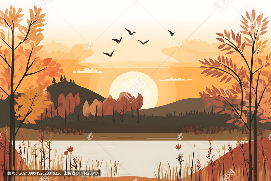秋季日落湖邊風(fēng)景