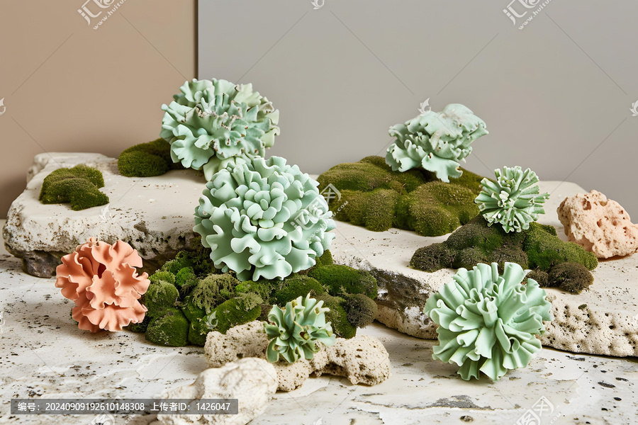 石頭上的綠苔花卉擺設
