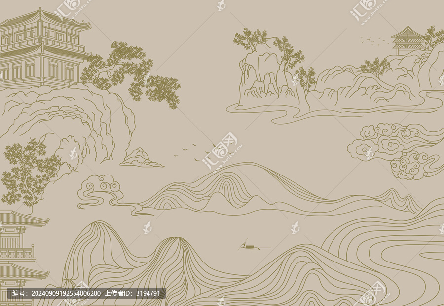 線描樓閣山水畫(huà)