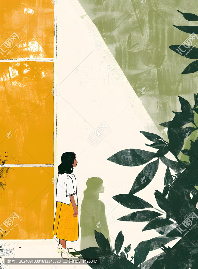 女子站在黃色墻壁前，身后有一個陰影