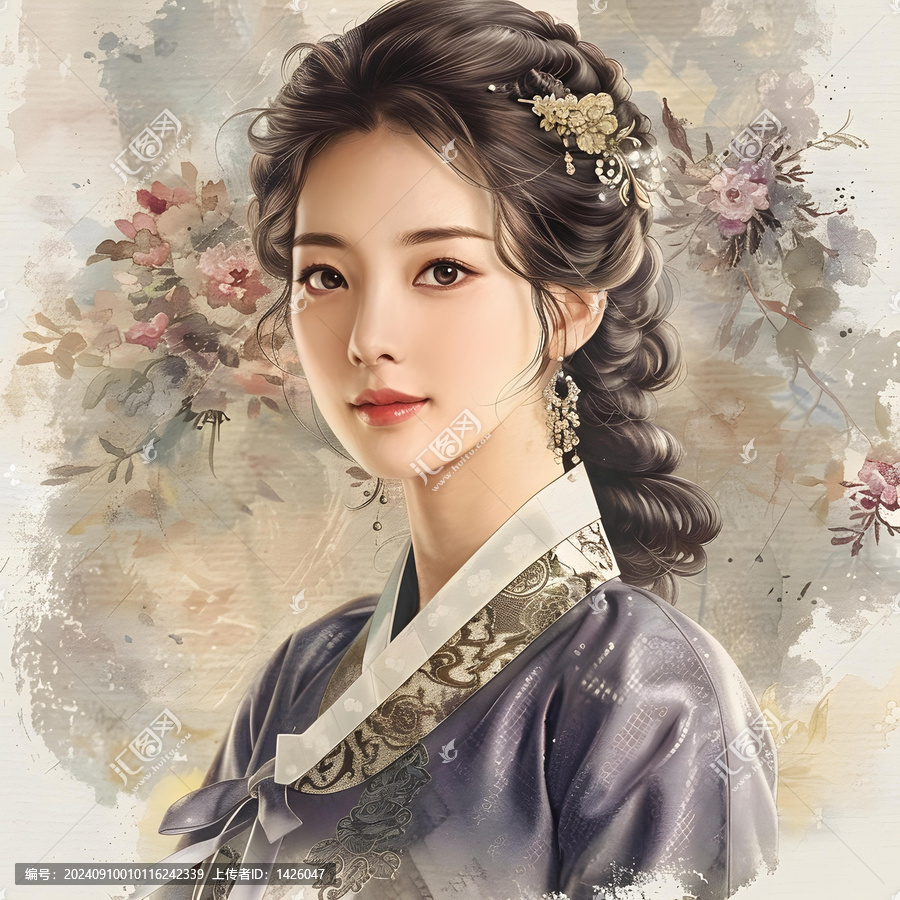 身穿韓國(guó)傳統(tǒng)服飾的年輕韓國(guó)女性肖像
