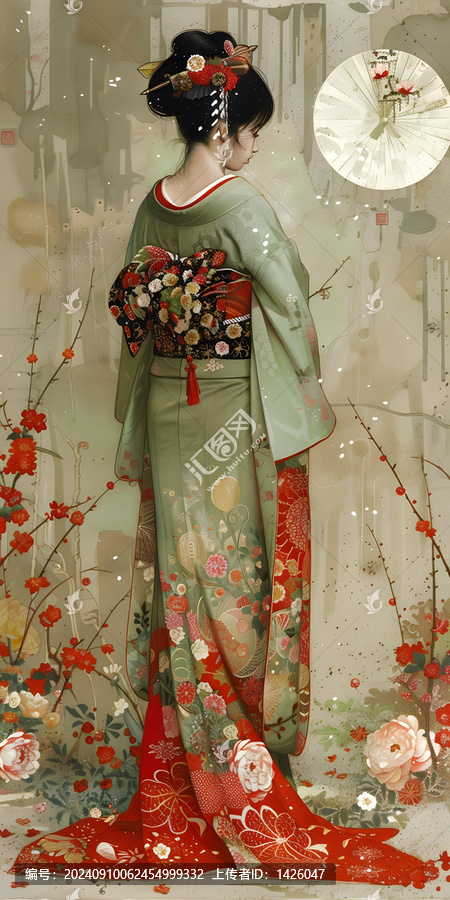 身穿印有花卉圖案和服、手持白色扇子的日本藝伎站在一個飄著雪花、盛開著紅白兩色櫻花的森林里