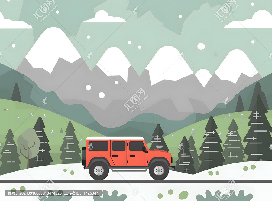 紅色汽車行駛在雪山道路上