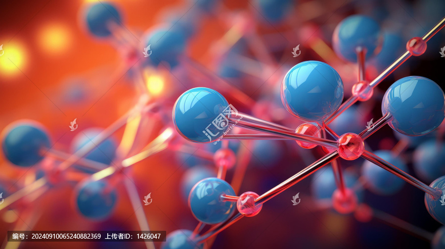 藍色和紅色的分子結(jié)構(gòu)背景為發(fā)光的橙色