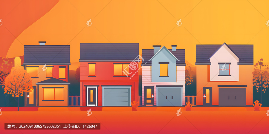 夕陽下排屋,秋天住宅區(qū)