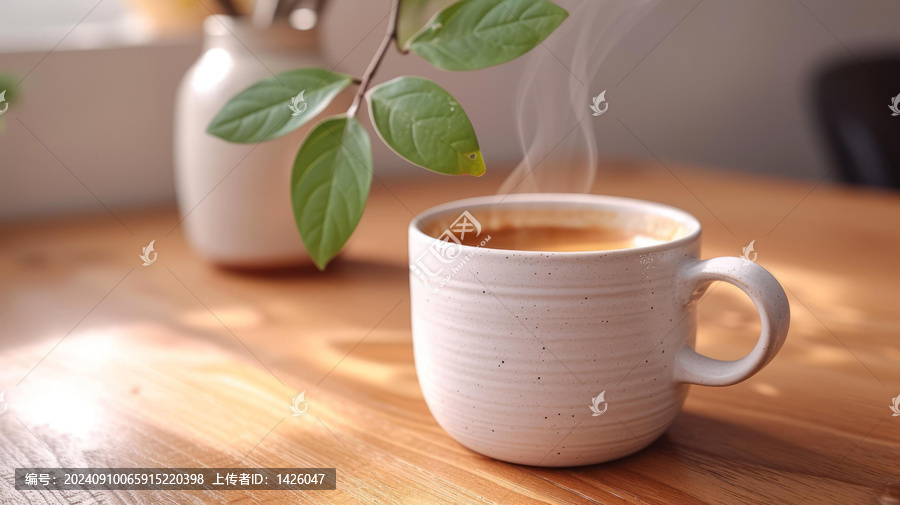 插圖陶瓷杯子盛著咖啡置于木質(zhì)桌面上
