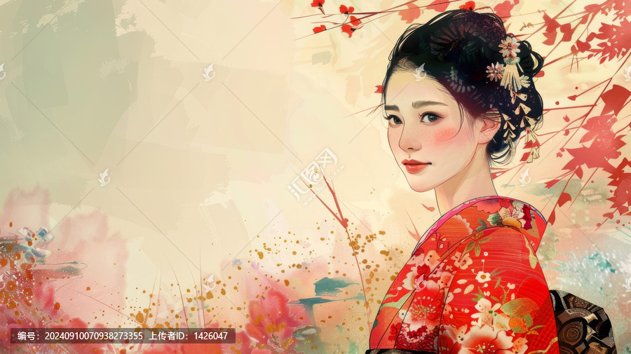 身穿紅色和服的亞洲美女插圖，她的頭發(fā)上裝飾著白色和粉紅色的花朵