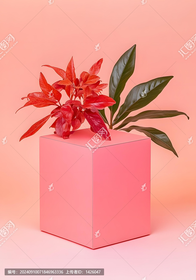 粉色立方體上紅色和綠色葉子