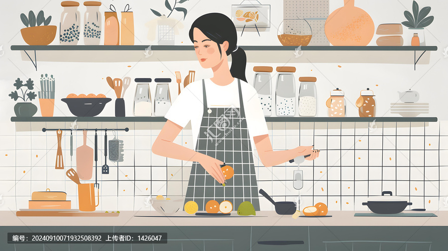 穿著圍裙的女性在廚房烹飪