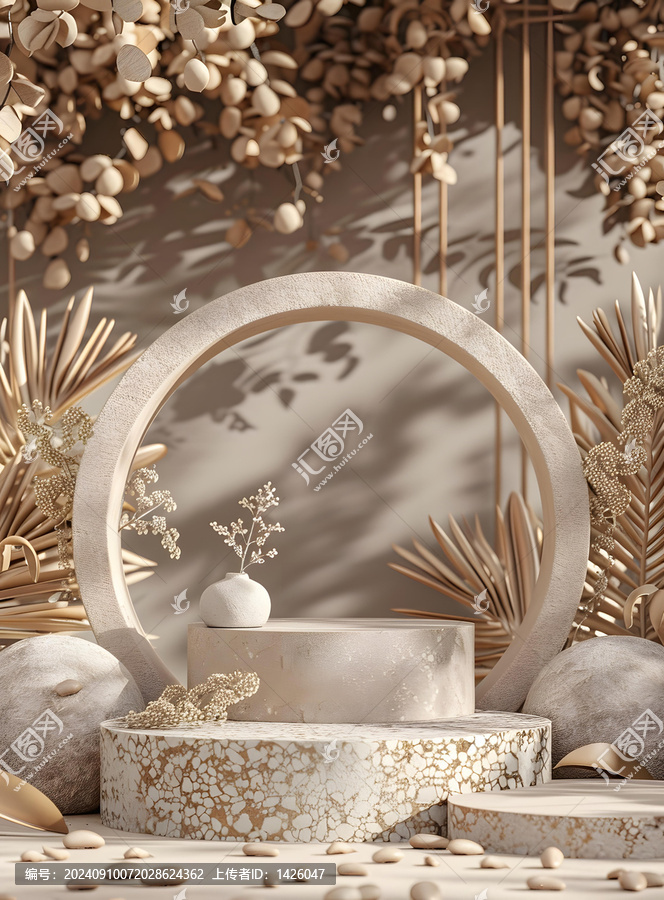 簡約圓形產(chǎn)品展示背景，淺棕色干燥花裝飾