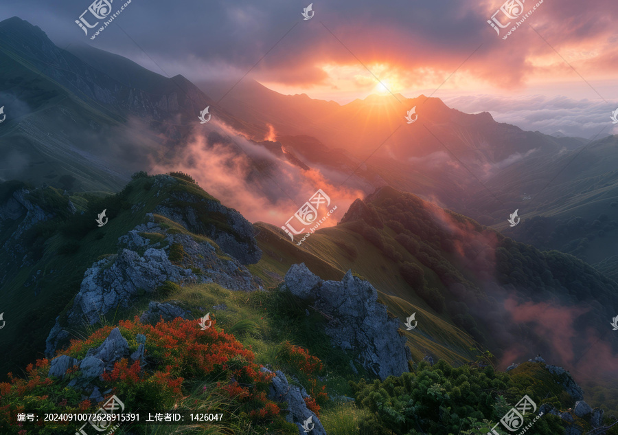 壯觀的日落景色從山頂俯瞰前景是云朵和巖石