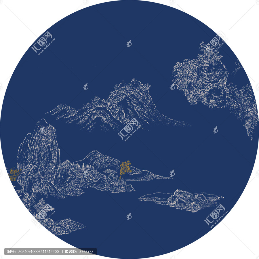 高清圓形線描山水裝飾畫掛畫