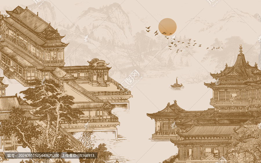 新中式復古樓閣山水壁畫
