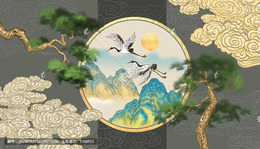 新中式松鶴延年祥云背景墻