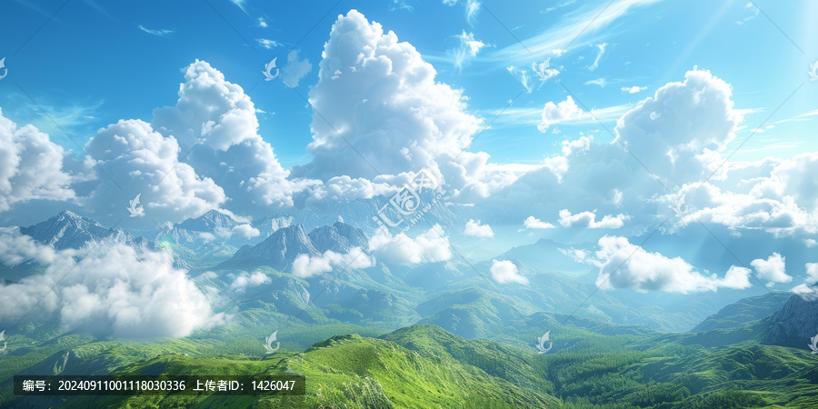 連綿起伏的蒼翠群山與湛藍(lán)天空