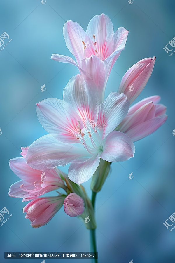 淡粉色百合花在藍色背景下綻放