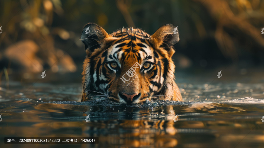 一只老虎正在水里游泳