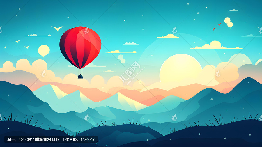 熱氣球飛越山脈風(fēng)景