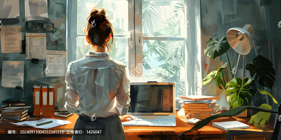 一個女人站在窗前，看著窗外的風(fēng)景。她的背影很美，讓人不禁遐想她在想些。