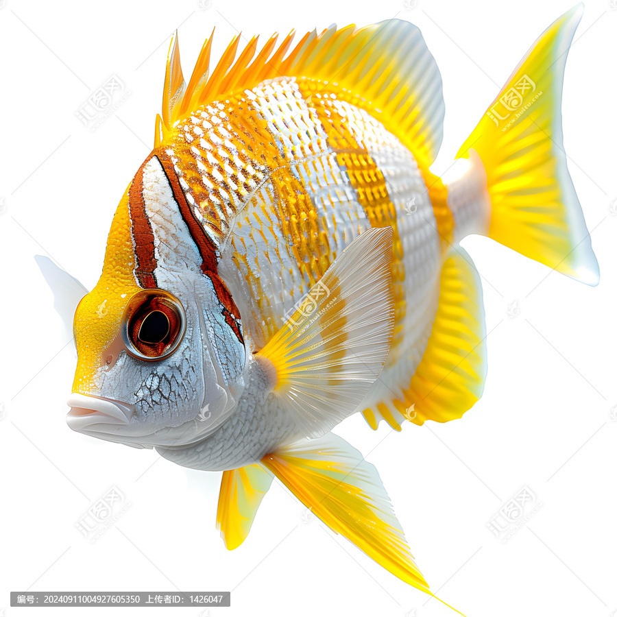 白色背景下的黃色條紋熱帶魚