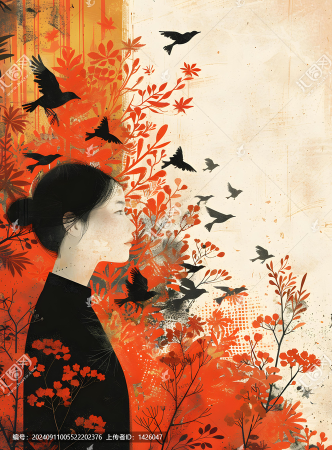 紅黑花卉與鳥類中的女性