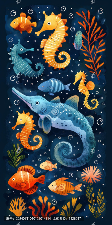 各種魚類和海馬的插圖