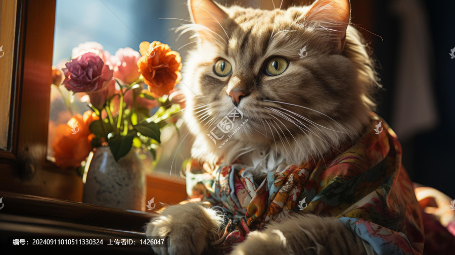 穿著花襯衫的姜黃色貓咪曬太陽