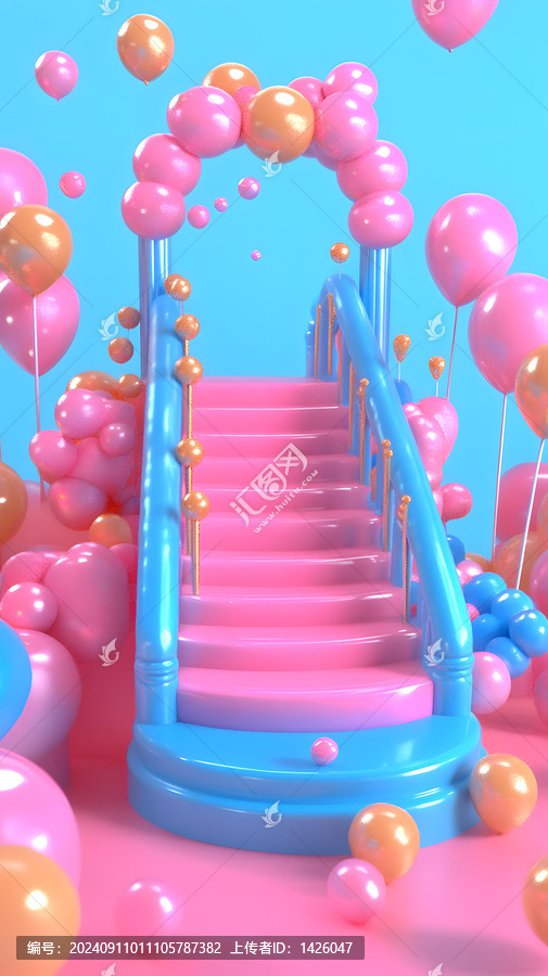 粉色藍(lán)色氣球樓梯3D渲染