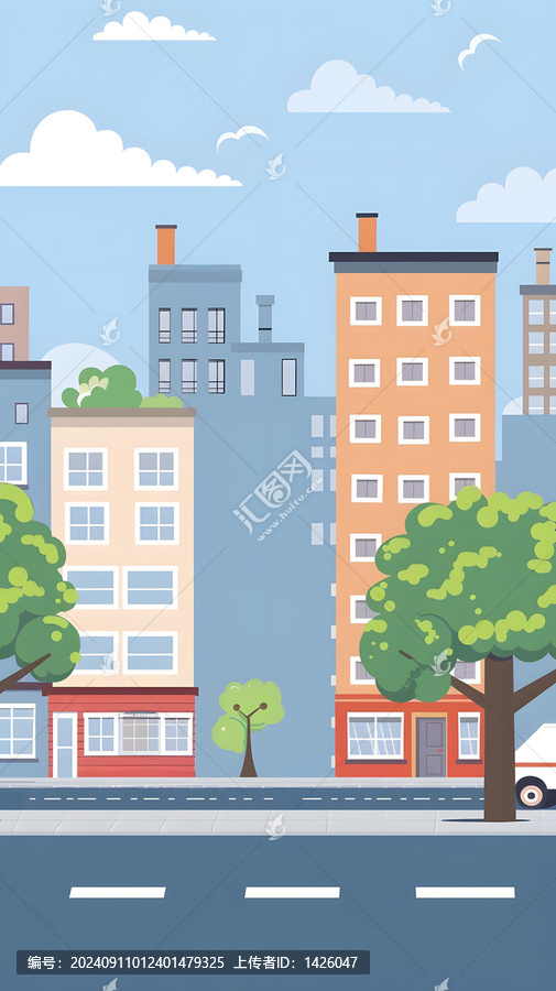 卡通城市街景，建筑，樹木和藍(lán)天