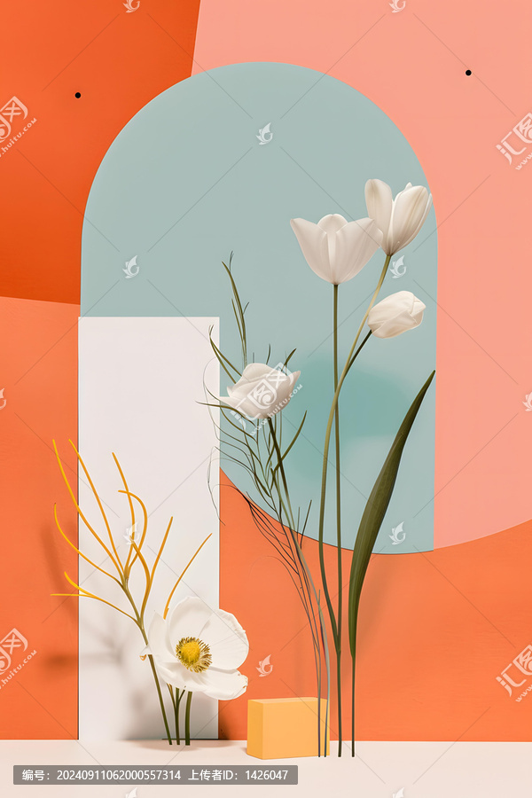 白色郁金香和虞美人在彩色背景上的極簡花卉布置
